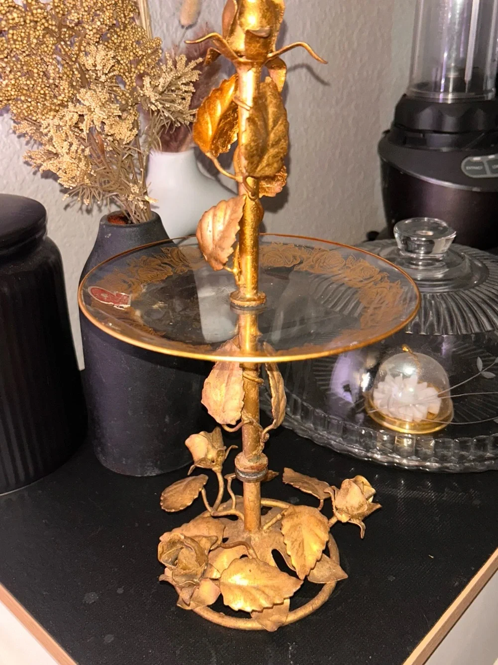 Vintage Italian Gold Guild Rose Pedestal Trinket Dish